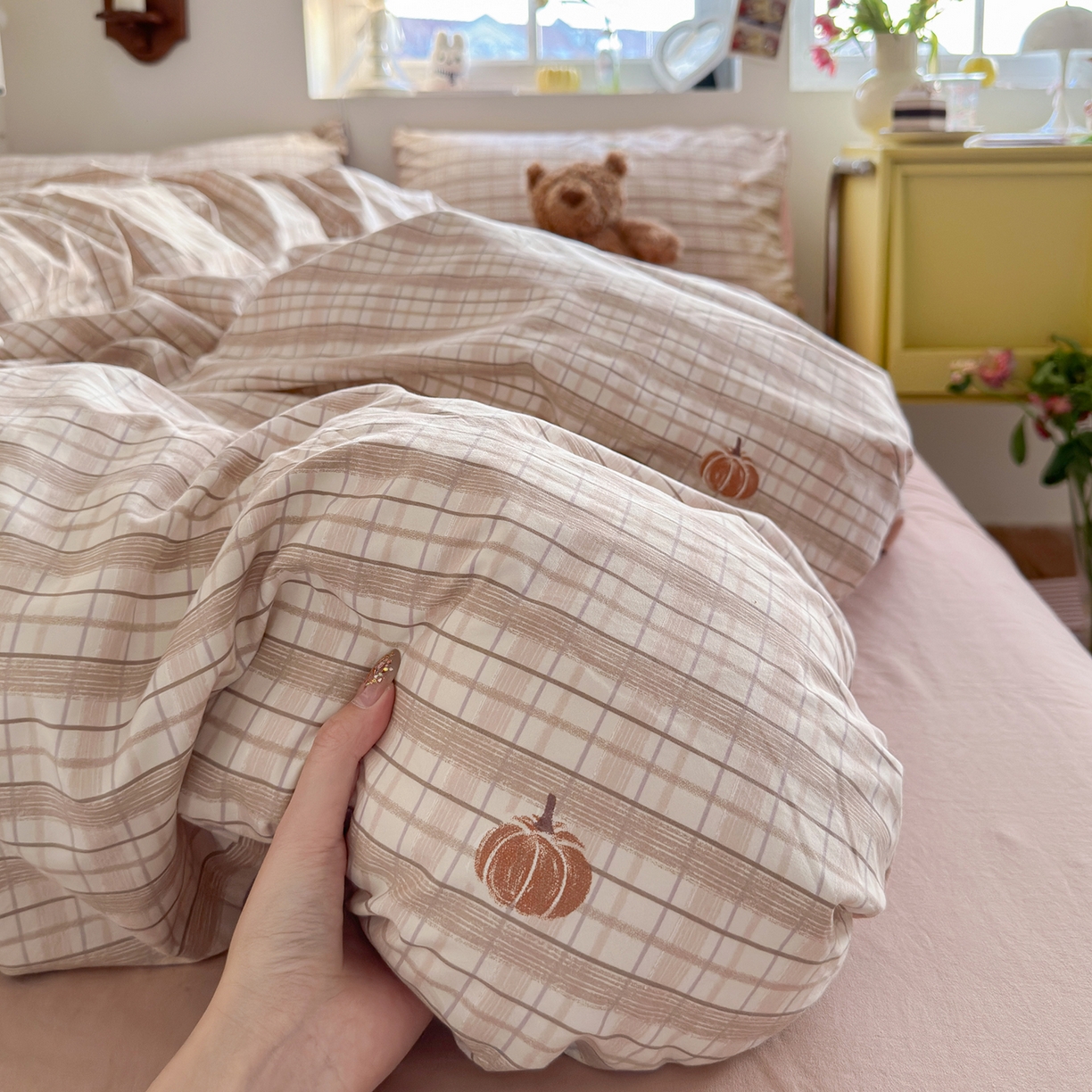 91家纺网 家纺一手货源 找家纺 金梦拉家纺 2026新款春夏古法水洗仿棉砂洗云小棉小布袋四件套 可爱南瓜