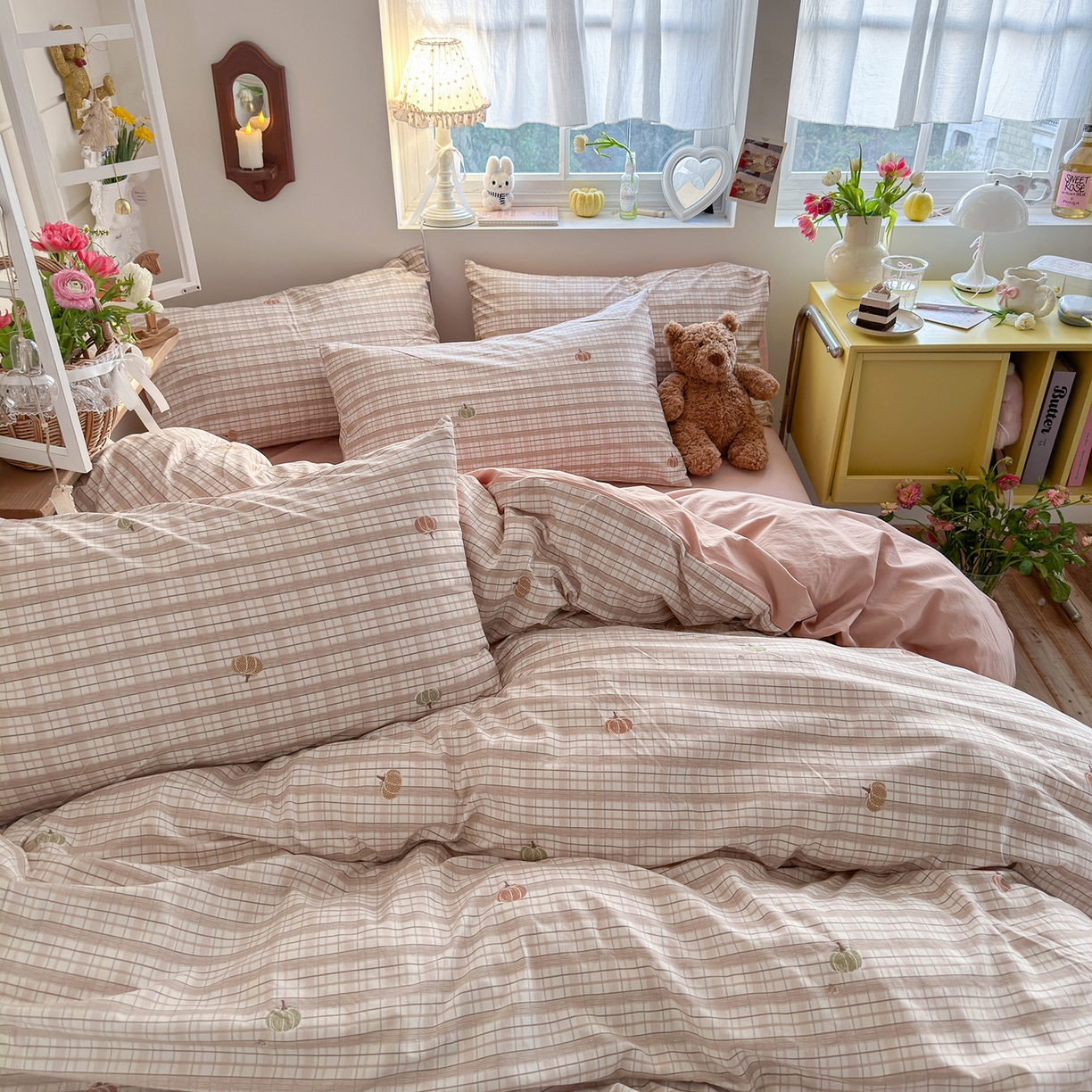 91家纺网 家纺一手货源 找家纺 金梦拉家纺 2026新款春夏古法水洗仿棉砂洗云小棉小布袋四件套 可爱南瓜