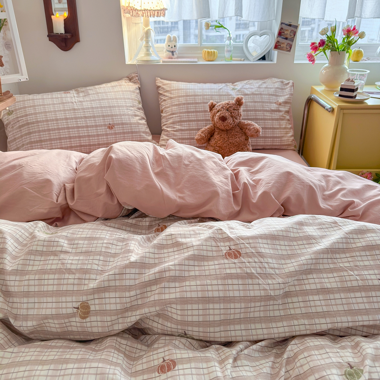 91家纺网 家纺一手货源 找家纺 金梦拉家纺 2026新款春夏古法水洗仿棉砂洗云小棉小布袋四件套 可爱南瓜