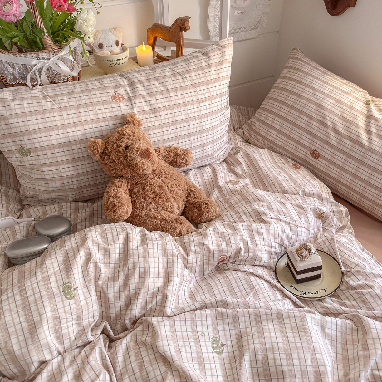 91家纺网 家纺一手货源 找家纺 金梦拉家纺 2026新款春夏古法水洗仿棉砂洗云小棉小布袋四件套 可爱南瓜