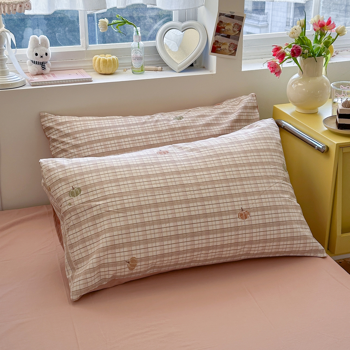 91家纺网 家纺一手货源 找家纺 金梦拉家纺 2026新款春夏古法水洗仿棉砂洗云小棉小布袋四件套 可爱南瓜