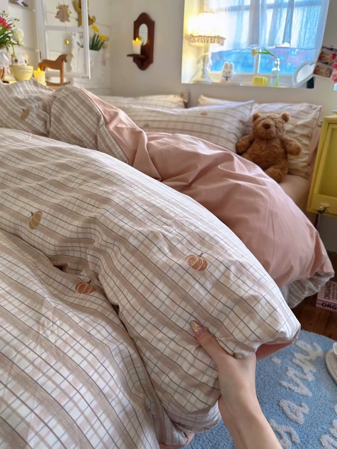 91家纺网 家纺一手货源 找家纺 金梦拉家纺 2026新款春夏古法水洗仿棉砂洗云小棉小布袋四件套 可爱南瓜