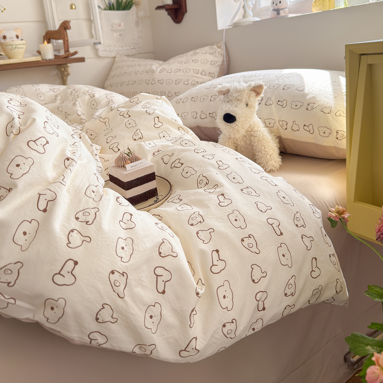 91家纺网 家纺一手货源 找家纺 金梦拉家纺 2026新款春夏古法水洗仿棉砂洗云小棉小布袋四件套 线条狗狗