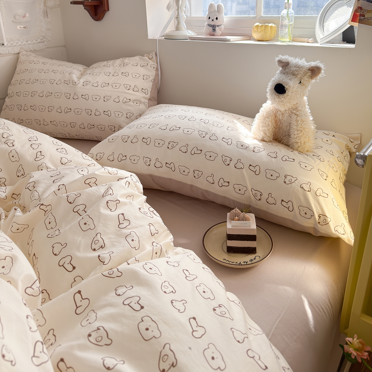 91家纺网 家纺一手货源 找家纺 金梦拉家纺 2026新款春夏古法水洗仿棉砂洗云小棉小布袋四件套 线条狗狗