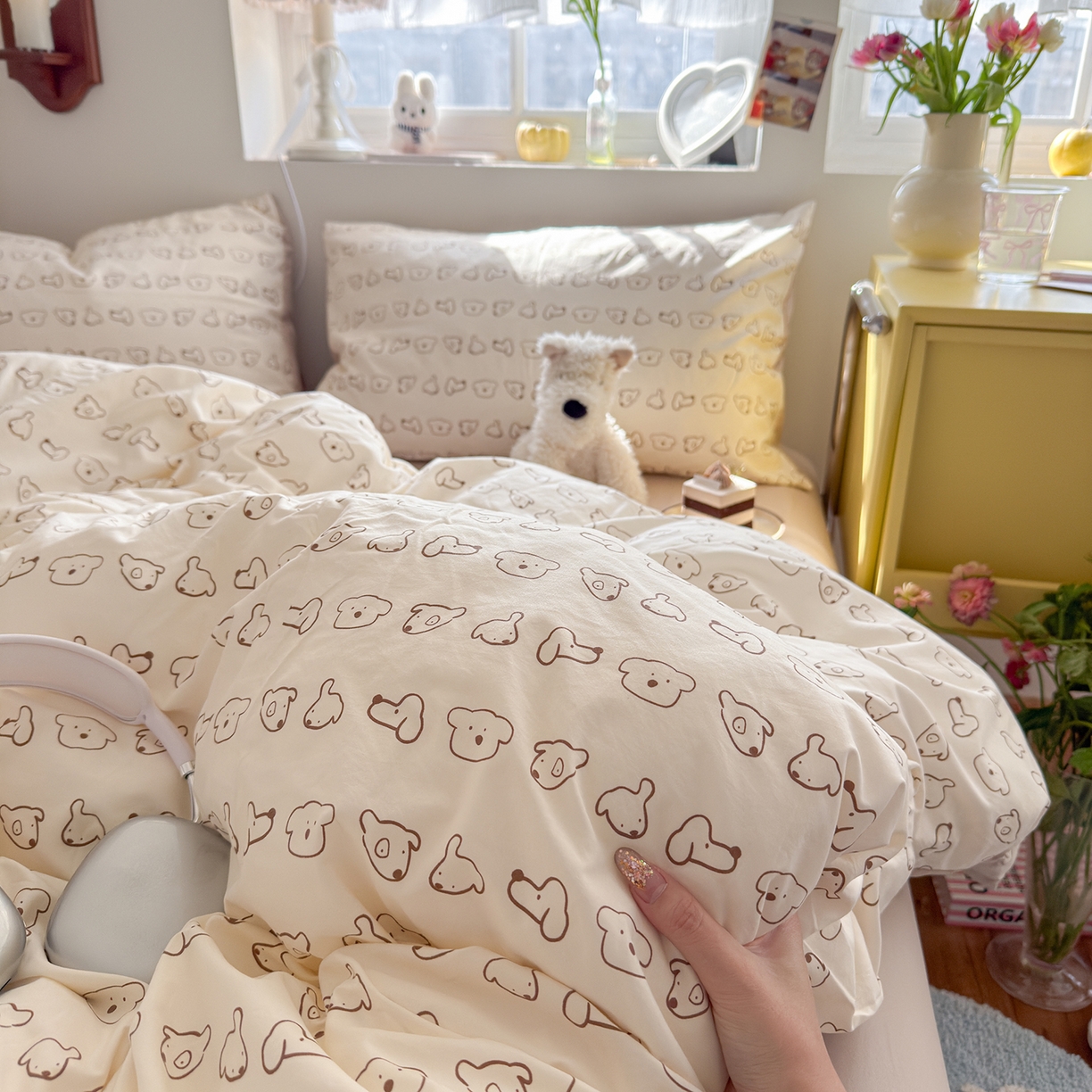 91家纺网 家纺一手货源 找家纺 金梦拉家纺 2026新款春夏古法水洗仿棉砂洗云小棉小布袋四件套 线条狗狗