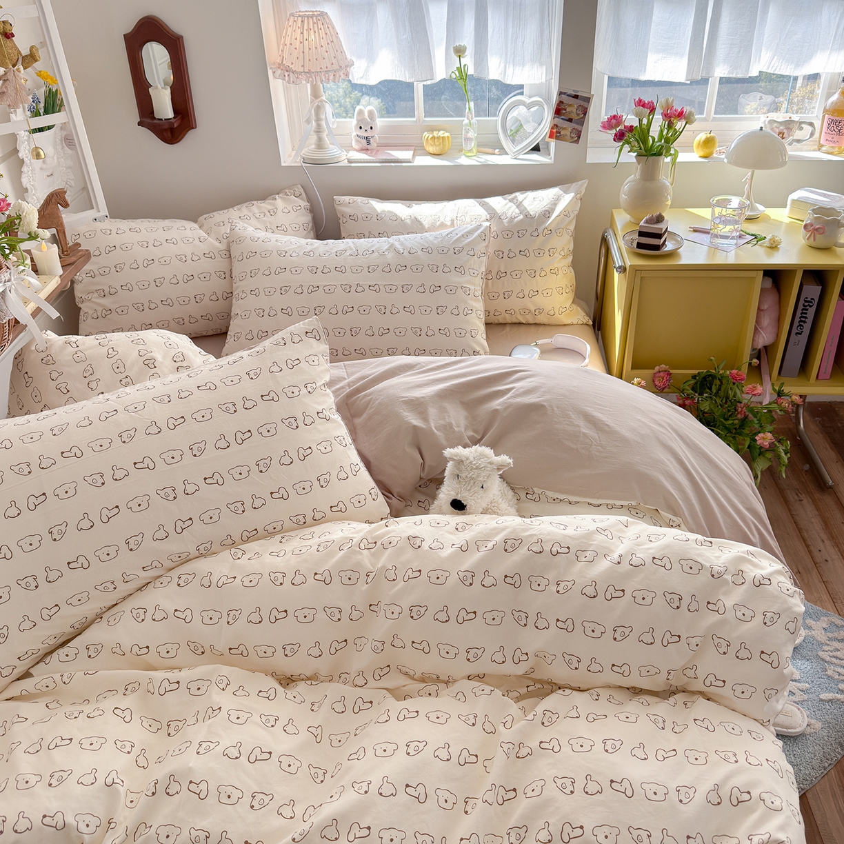 91家纺网 家纺一手货源 找家纺 金梦拉家纺 2026新款春夏古法水洗仿棉砂洗云小棉小布袋四件套 线条狗狗