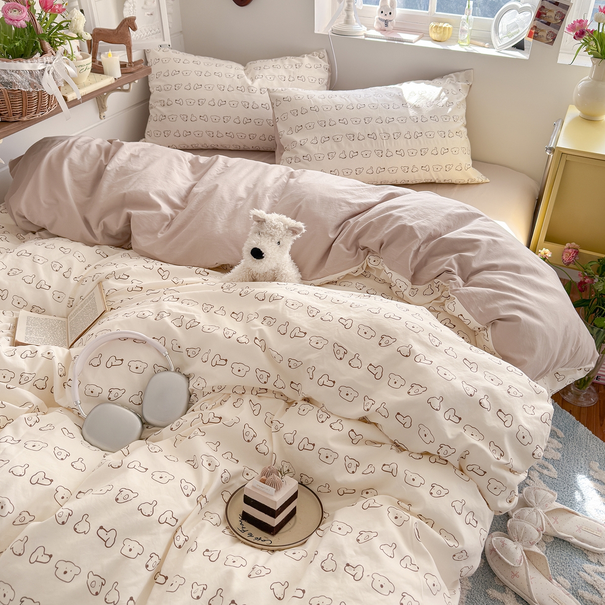 91家纺网 家纺一手货源 找家纺 金梦拉家纺 2026新款春夏古法水洗仿棉砂洗云小棉小布袋四件套 线条狗狗