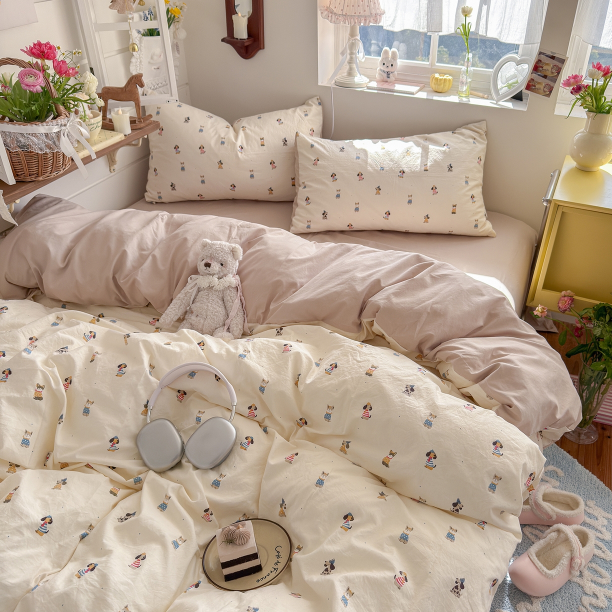 91家纺网 家纺一手货源 找家纺 金梦拉家纺 2026新款春夏古法水洗仿棉砂洗云小棉小布袋四件套 狗狗聚会