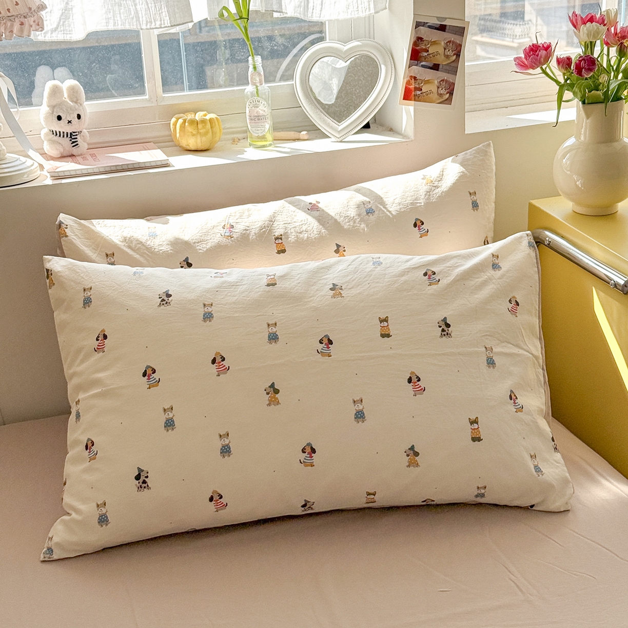 91家纺网 家纺一手货源 找家纺 金梦拉家纺 2026新款春夏古法水洗仿棉砂洗云小棉小布袋四件套 狗狗聚会