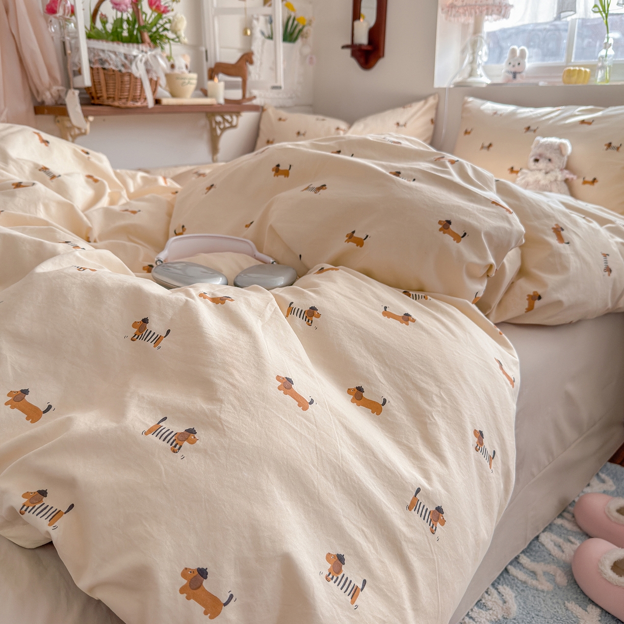 91家纺网 家纺一手货源 找家纺 金梦拉家纺 2026新款春夏古法水洗仿棉砂洗云小棉小布袋四件套 修修狗