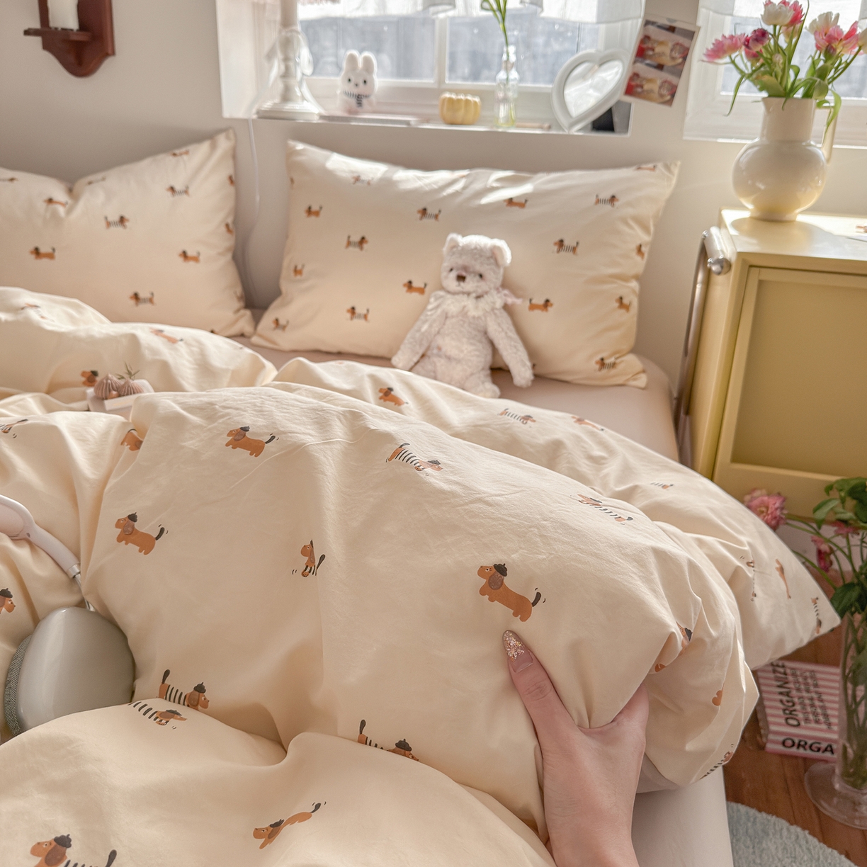 91家纺网 家纺一手货源 找家纺 金梦拉家纺 2026新款春夏古法水洗仿棉砂洗云小棉小布袋四件套 修修狗