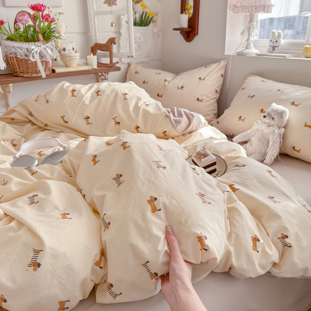 91家纺网 家纺一手货源 找家纺 金梦拉家纺 2026新款春夏古法水洗仿棉砂洗云小棉小布袋四件套 修修狗