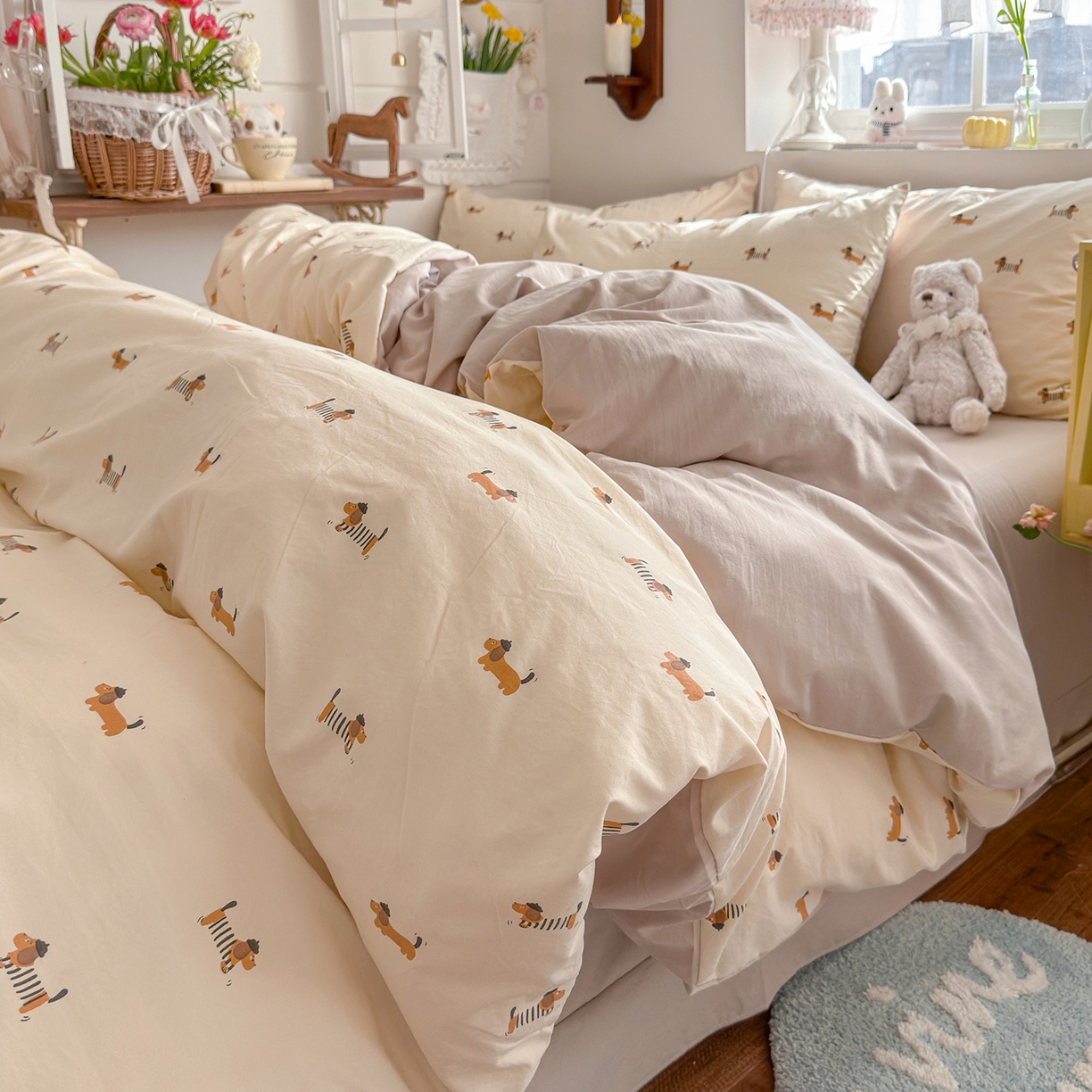 91家纺网 家纺一手货源 找家纺 金梦拉家纺 2026新款春夏古法水洗仿棉砂洗云小棉小布袋四件套 修修狗