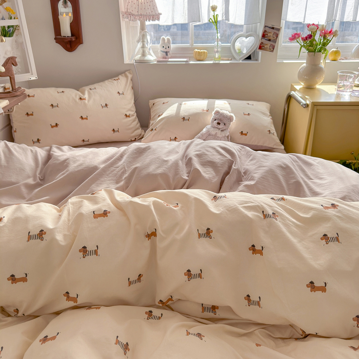 91家纺网 家纺一手货源 找家纺 金梦拉家纺 2026新款春夏古法水洗仿棉砂洗云小棉小布袋四件套 修修狗