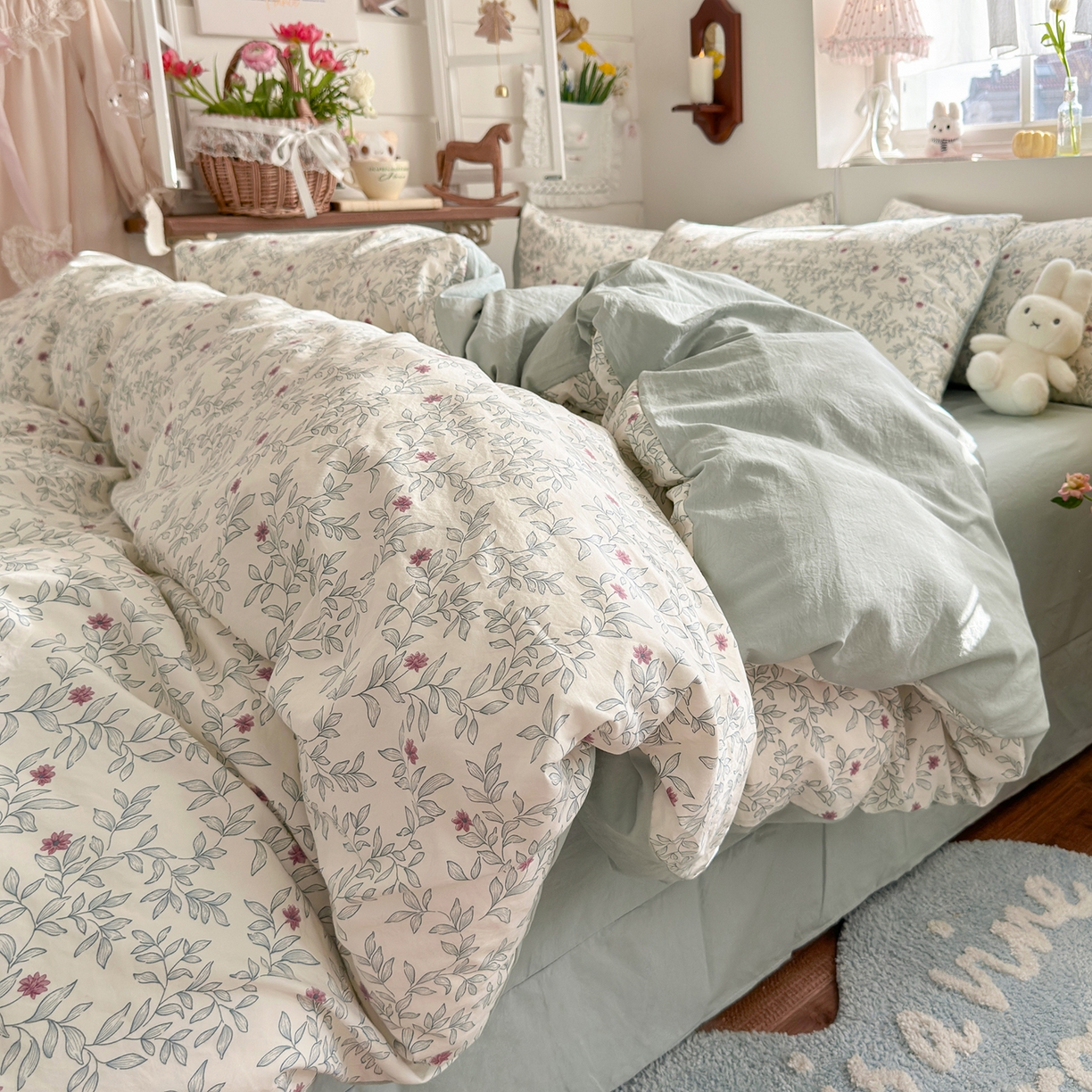 91家纺网 家纺一手货源 找家纺 金梦拉家纺 2026新款春夏古法水洗仿棉砂洗云小棉小布袋四件套 山月铃兰