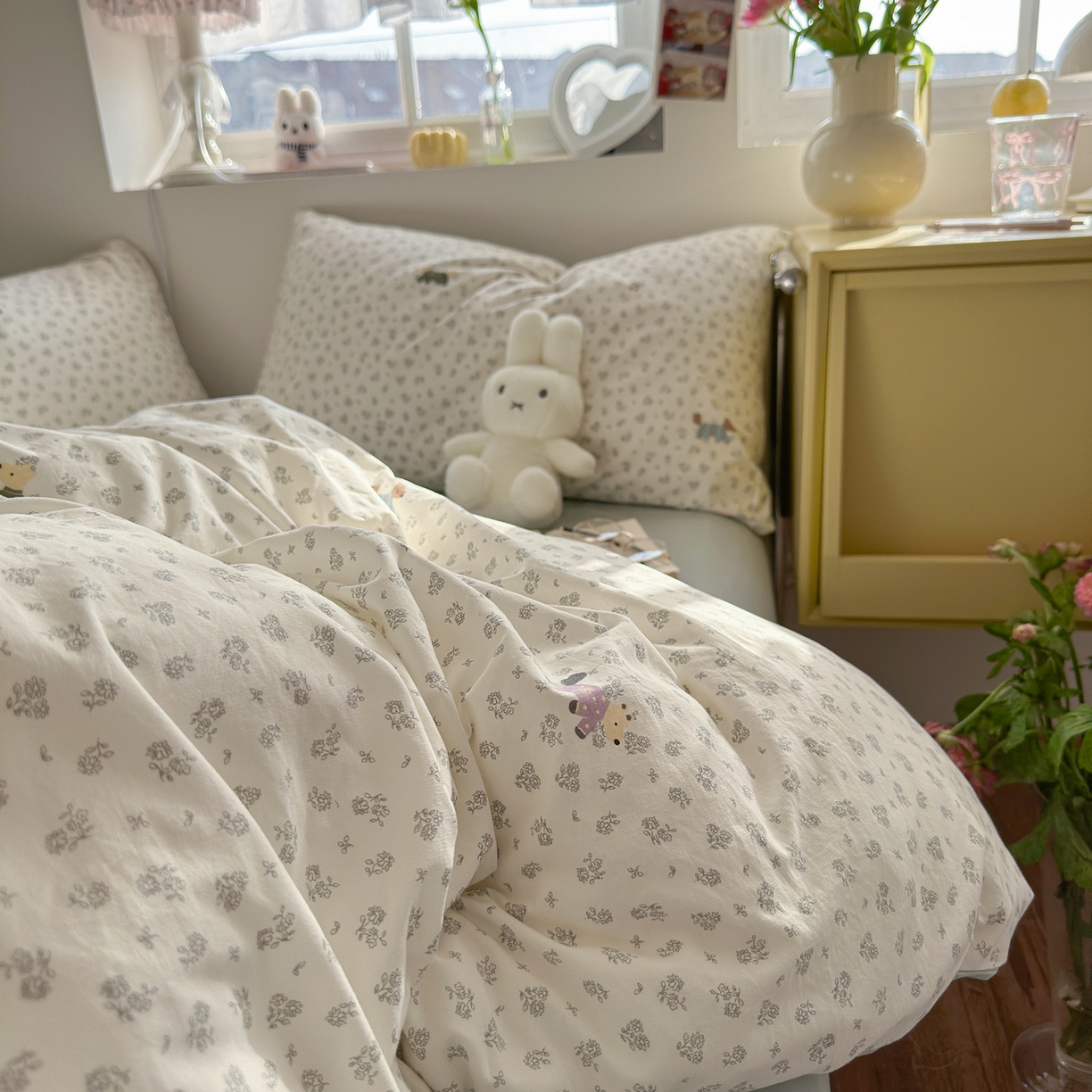 91家纺网 家纺一手货源 找家纺 金梦拉家纺 2026新款春夏古法水洗仿棉砂洗云小棉小布袋四件套 碎花萌狗