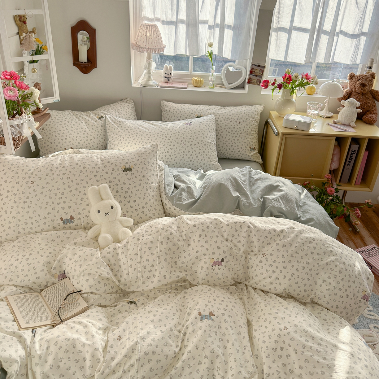 91家纺网 家纺一手货源 找家纺 金梦拉家纺 2026新款春夏古法水洗仿棉砂洗云小棉小布袋四件套 碎花萌狗