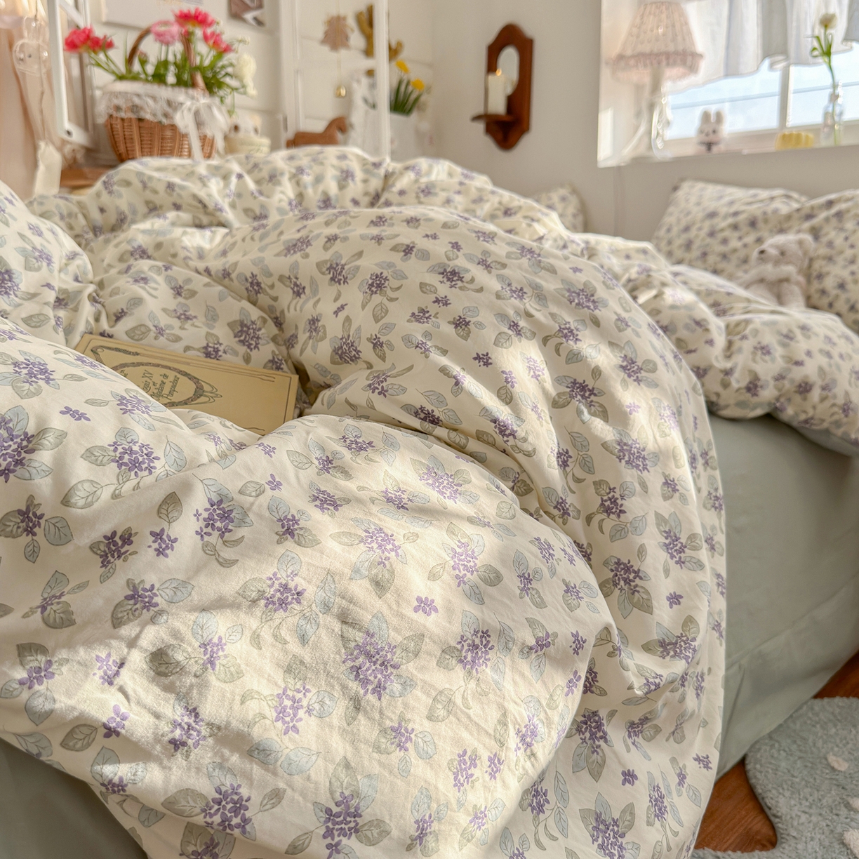 91家纺网 家纺一手货源 找家纺 金梦拉家纺 2026新款春夏古法水洗仿棉砂洗云小棉小布袋四件套 蓝桉花