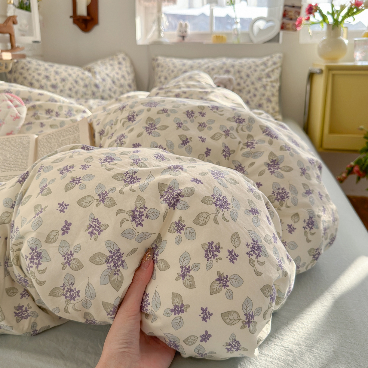 91家纺网 家纺一手货源 找家纺 金梦拉家纺 2026新款春夏古法水洗仿棉砂洗云小棉小布袋四件套 蓝桉花