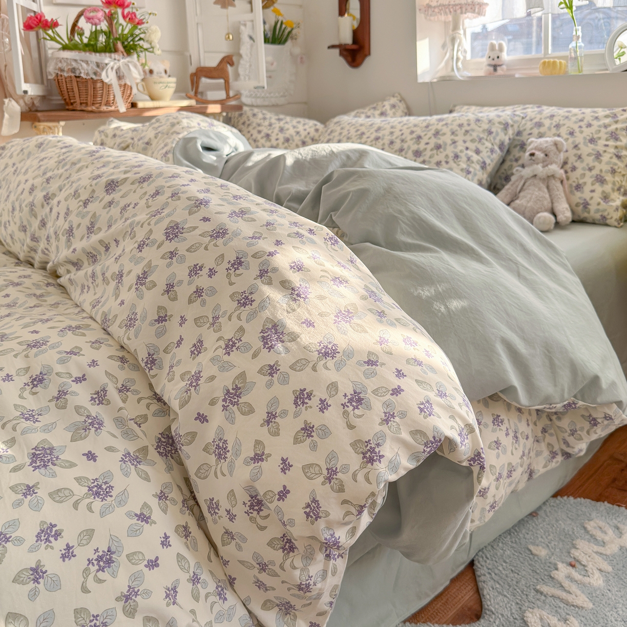 91家纺网 家纺一手货源 找家纺 金梦拉家纺 2026新款春夏古法水洗仿棉砂洗云小棉小布袋四件套 蓝桉花