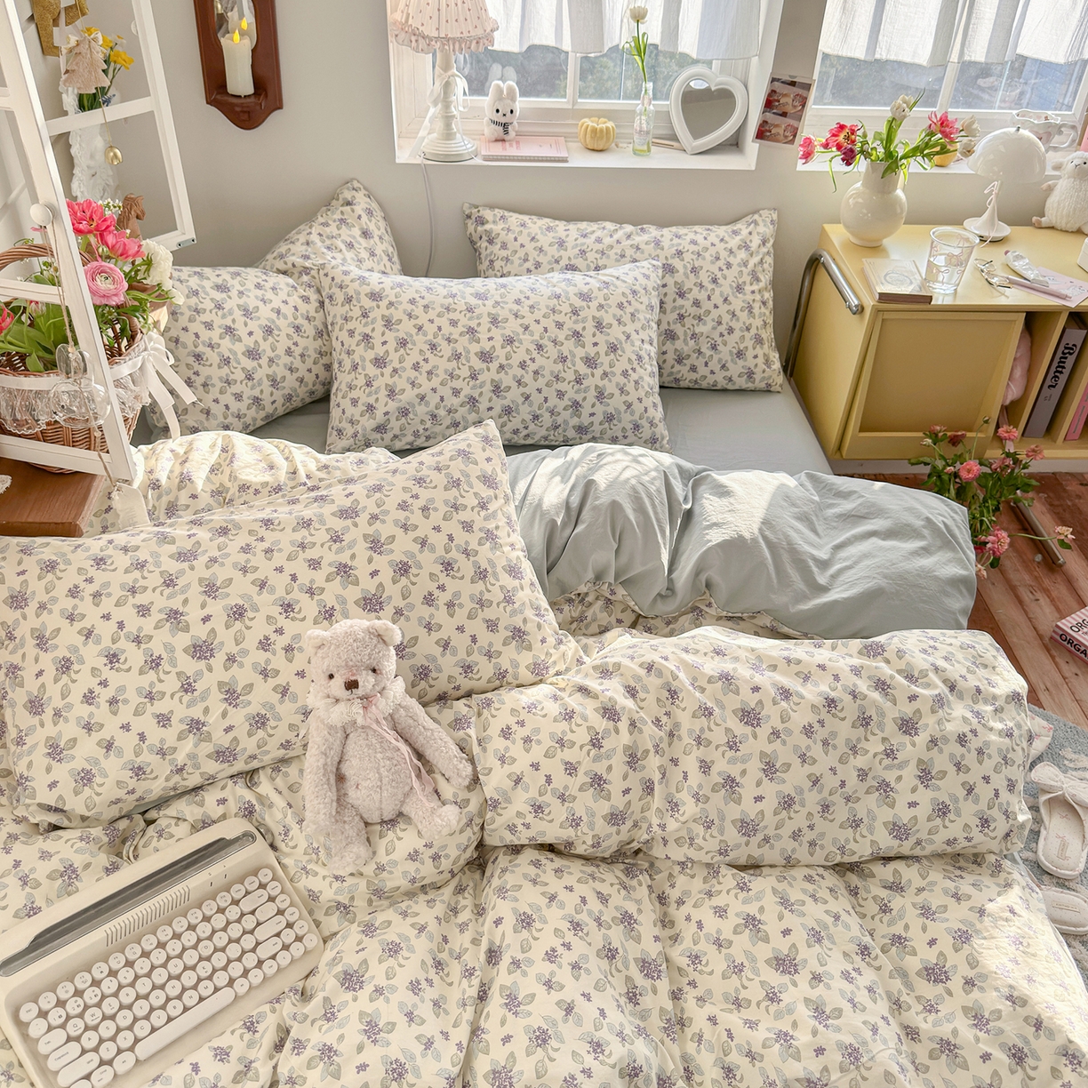 91家纺网 家纺一手货源 找家纺 金梦拉家纺 2026新款春夏古法水洗仿棉砂洗云小棉小布袋四件套 蓝桉花