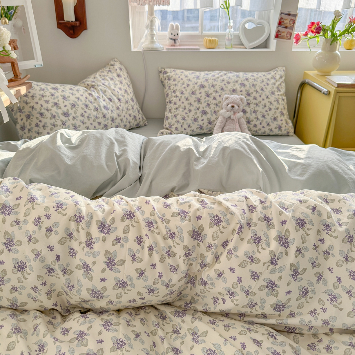 91家纺网 家纺一手货源 找家纺 金梦拉家纺 2026新款春夏古法水洗仿棉砂洗云小棉小布袋四件套 蓝桉花