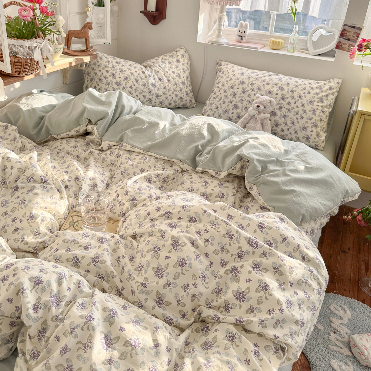 91家纺网 家纺一手货源 找家纺 金梦拉家纺 2026新款春夏古法水洗仿棉砂洗云小棉小布袋四件套 蓝桉花