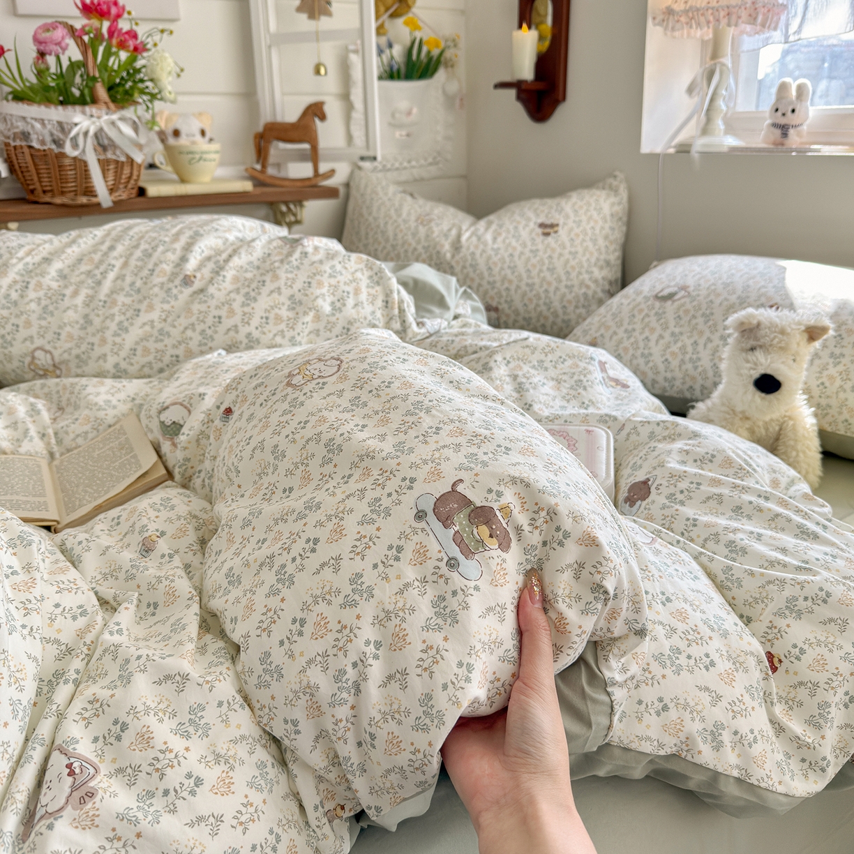 91家纺网 家纺一手货源 找家纺 金梦拉家纺 2026新款春夏古法水洗仿棉砂洗云小棉小布袋四件套 可爱小狗