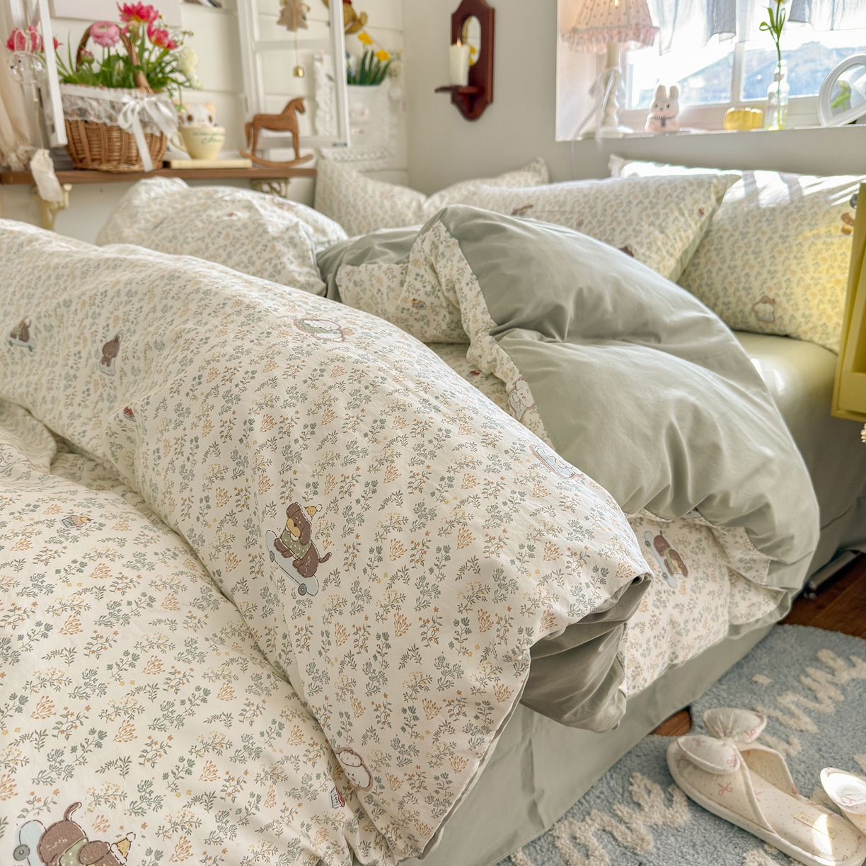 91家纺网 家纺一手货源 找家纺 金梦拉家纺 2026新款春夏古法水洗仿棉砂洗云小棉小布袋四件套 可爱小狗