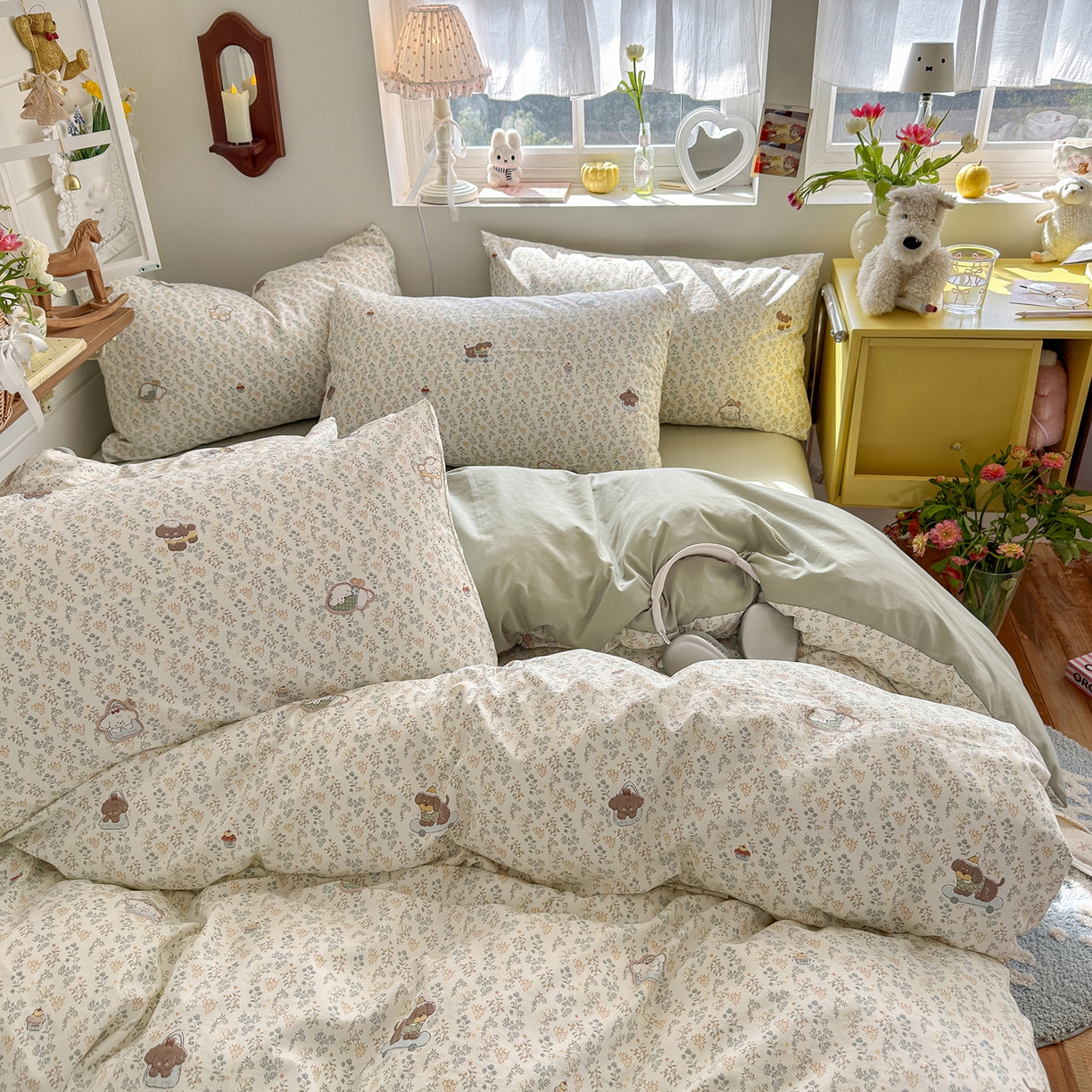 91家纺网 家纺一手货源 找家纺 金梦拉家纺 2026新款春夏古法水洗仿棉砂洗云小棉小布袋四件套 可爱小狗