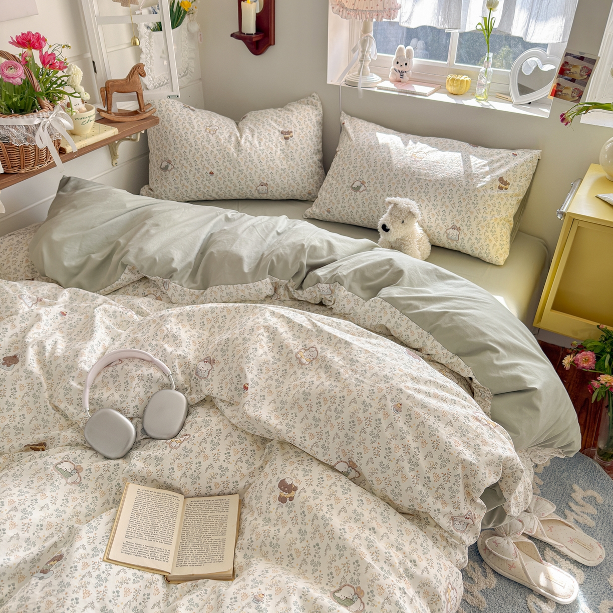 91家纺网 家纺一手货源 找家纺 金梦拉家纺 2026新款春夏古法水洗仿棉砂洗云小棉小布袋四件套 可爱小狗