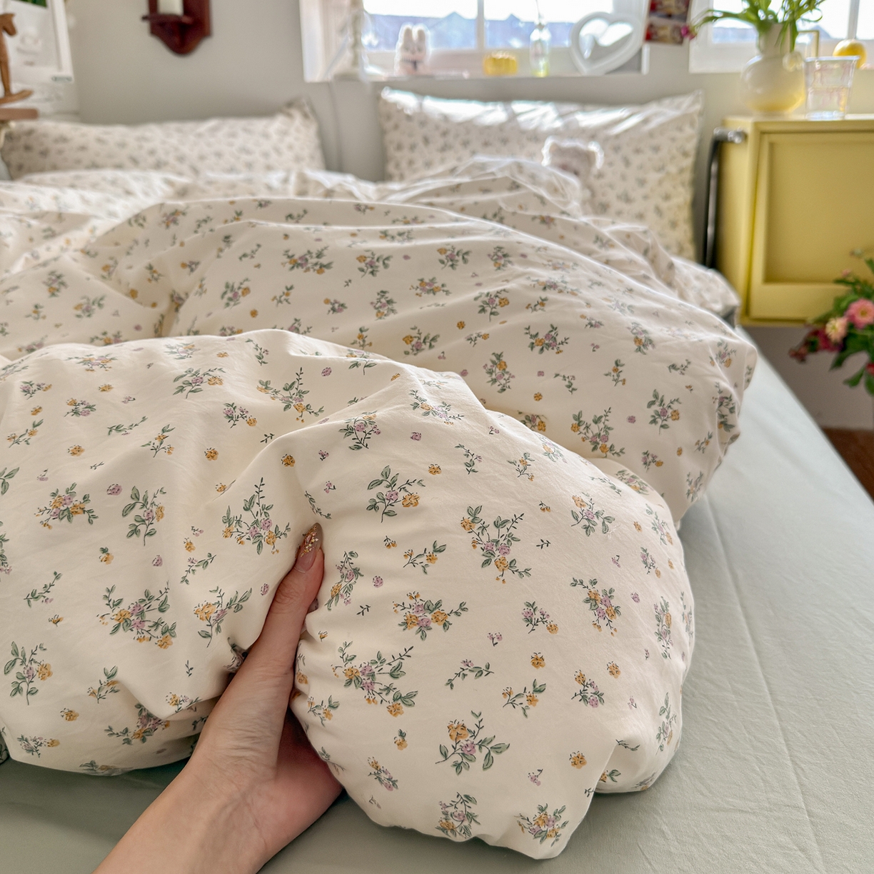 91家纺网 家纺一手货源 找家纺 金梦拉家纺 2026新款春夏古法水洗仿棉砂洗云小棉小布袋四件套 禾棠印月