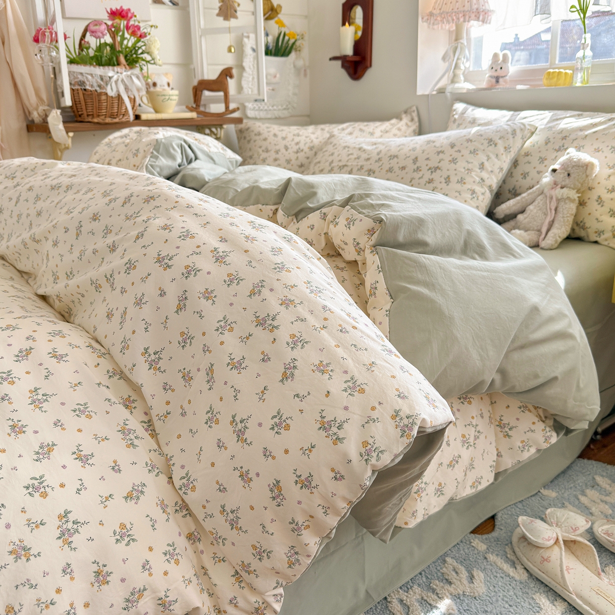 91家纺网 家纺一手货源 找家纺 金梦拉家纺 2026新款春夏古法水洗仿棉砂洗云小棉小布袋四件套 禾棠印月