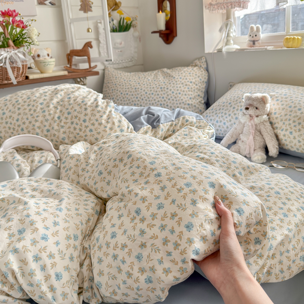 91家纺网 家纺一手货源 找家纺 金梦拉家纺 2026新款春夏古法水洗仿棉砂洗云小棉小布袋四件套 兰花梦