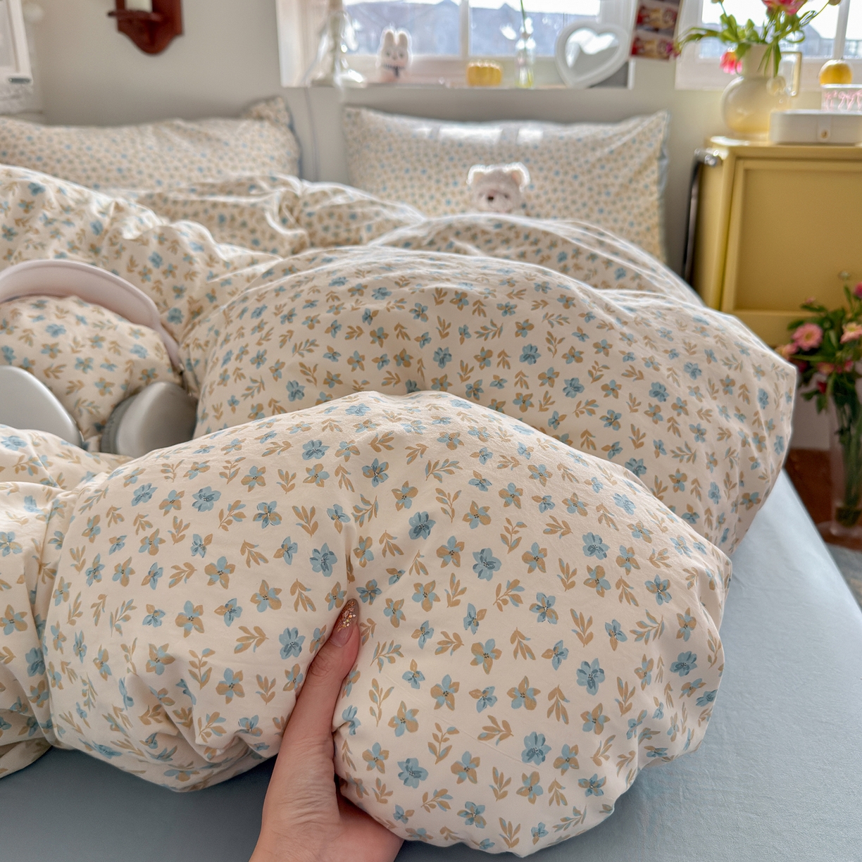 91家纺网 家纺一手货源 找家纺 金梦拉家纺 2026新款春夏古法水洗仿棉砂洗云小棉小布袋四件套 兰花梦