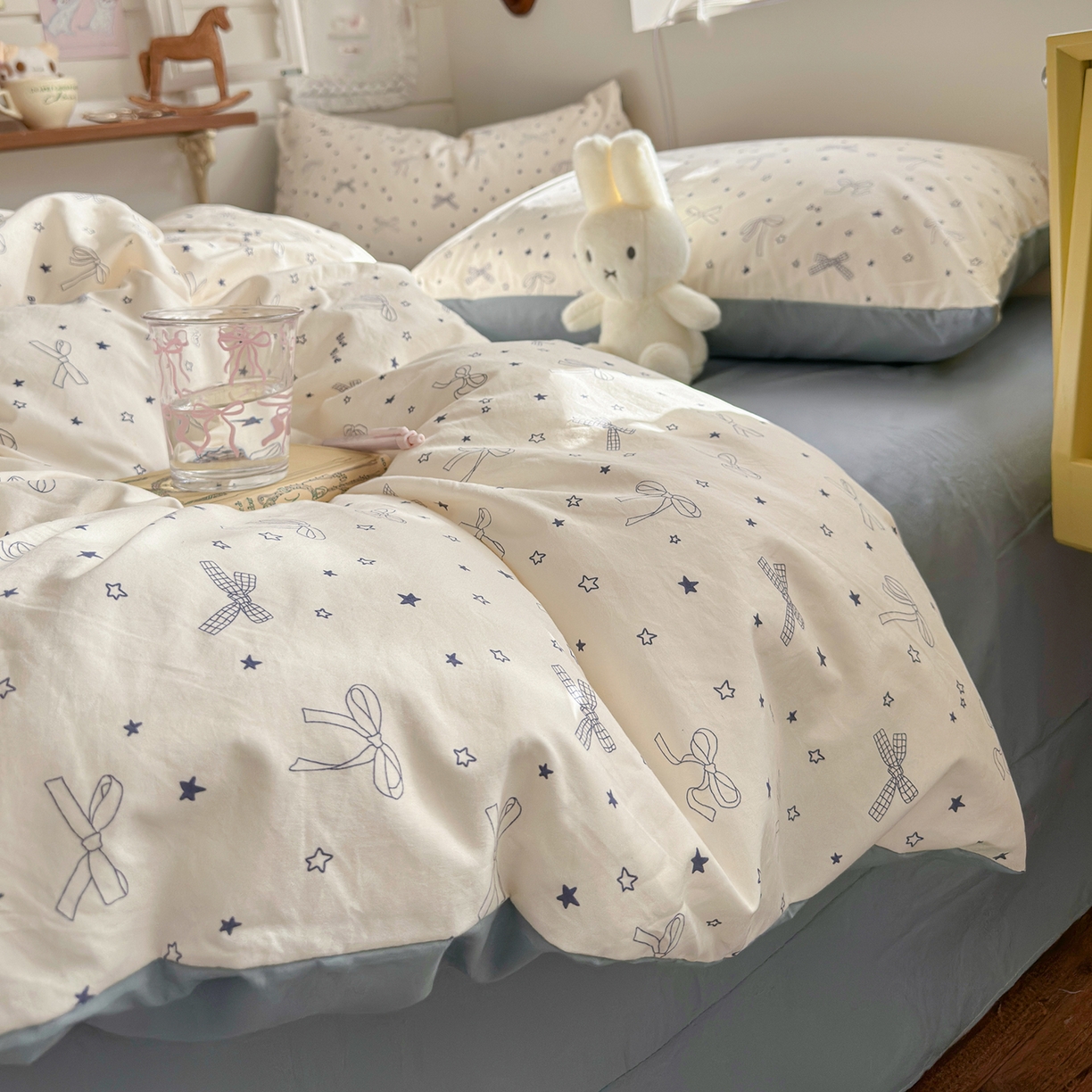 91家纺网 家纺一手货源 找家纺 金梦拉家纺 2026新款春夏古法水洗仿棉砂洗云小棉小布袋四件套 星星蝴蝶结