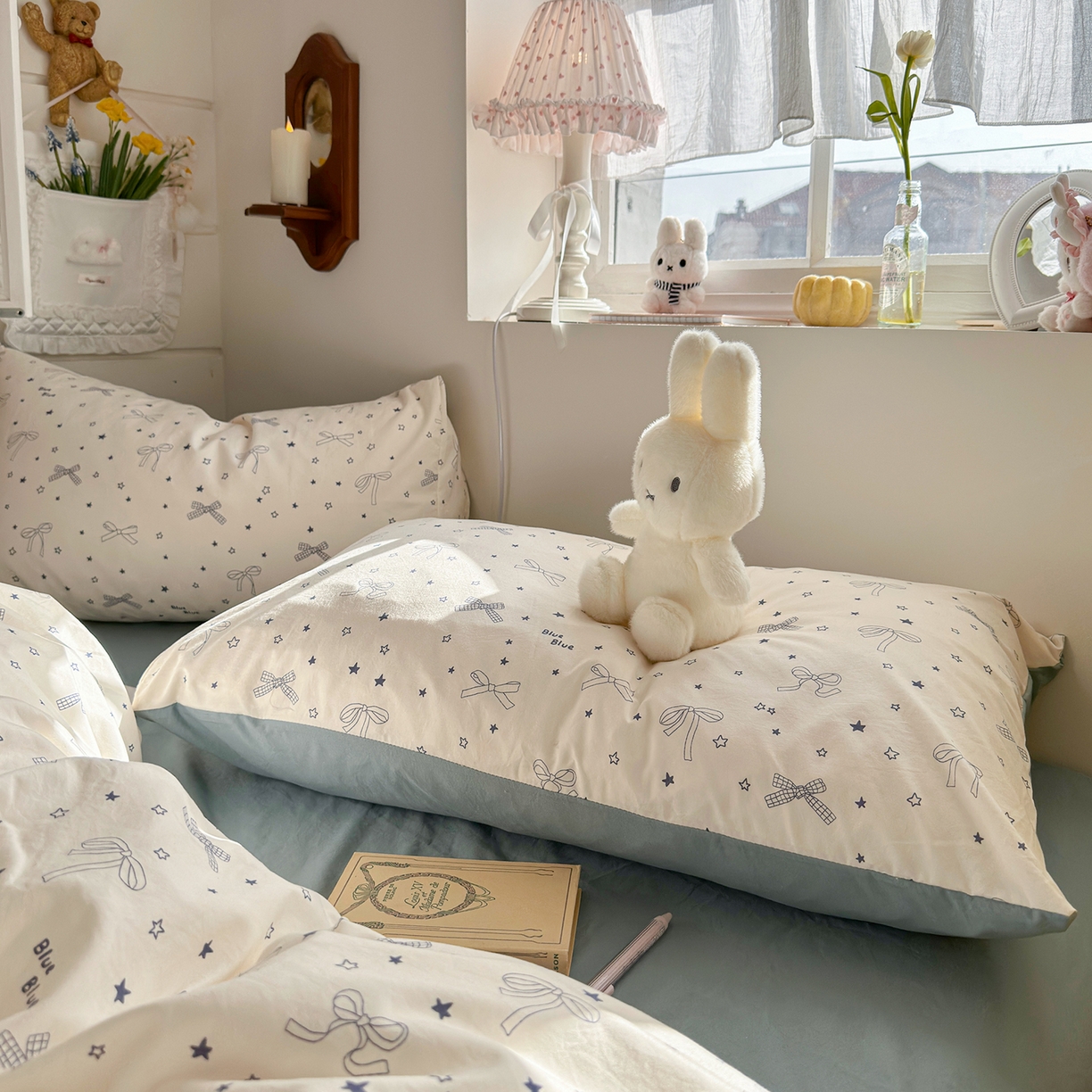 91家纺网 家纺一手货源 找家纺 金梦拉家纺 2026新款春夏古法水洗仿棉砂洗云小棉小布袋四件套 星星蝴蝶结