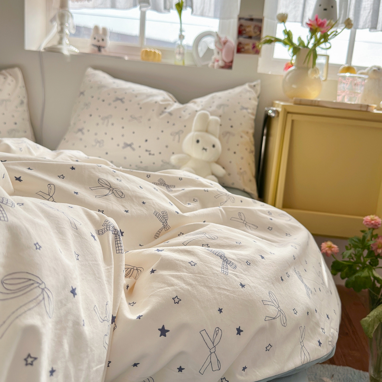 91家纺网 家纺一手货源 找家纺 金梦拉家纺 2026新款春夏古法水洗仿棉砂洗云小棉小布袋四件套 星星蝴蝶结