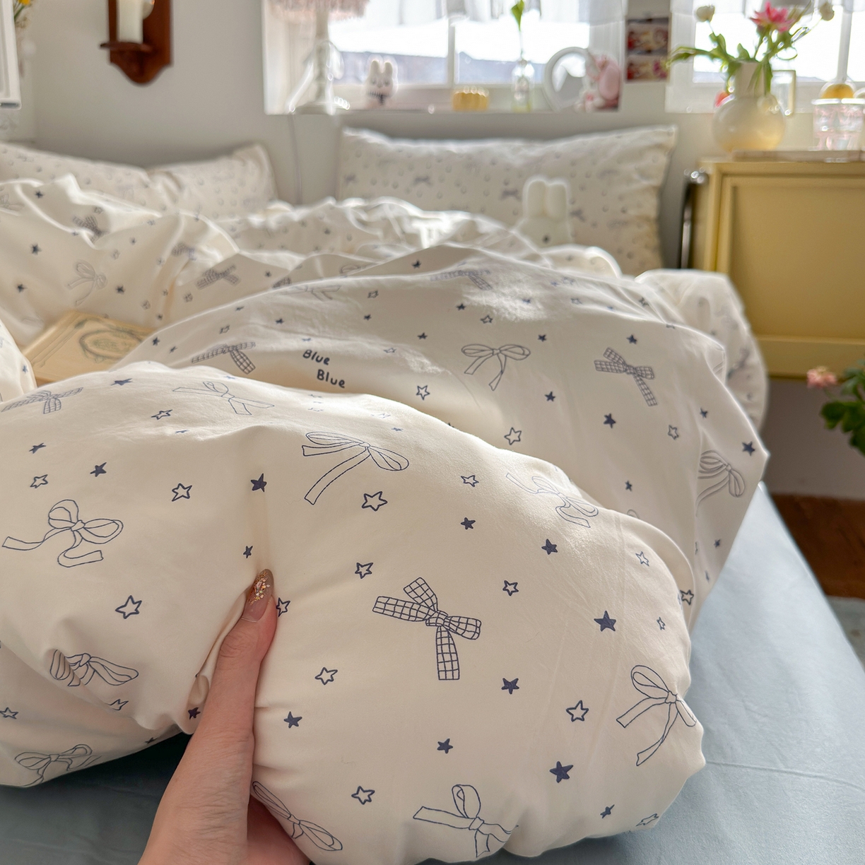 91家纺网 家纺一手货源 找家纺 金梦拉家纺 2026新款春夏古法水洗仿棉砂洗云小棉小布袋四件套 星星蝴蝶结