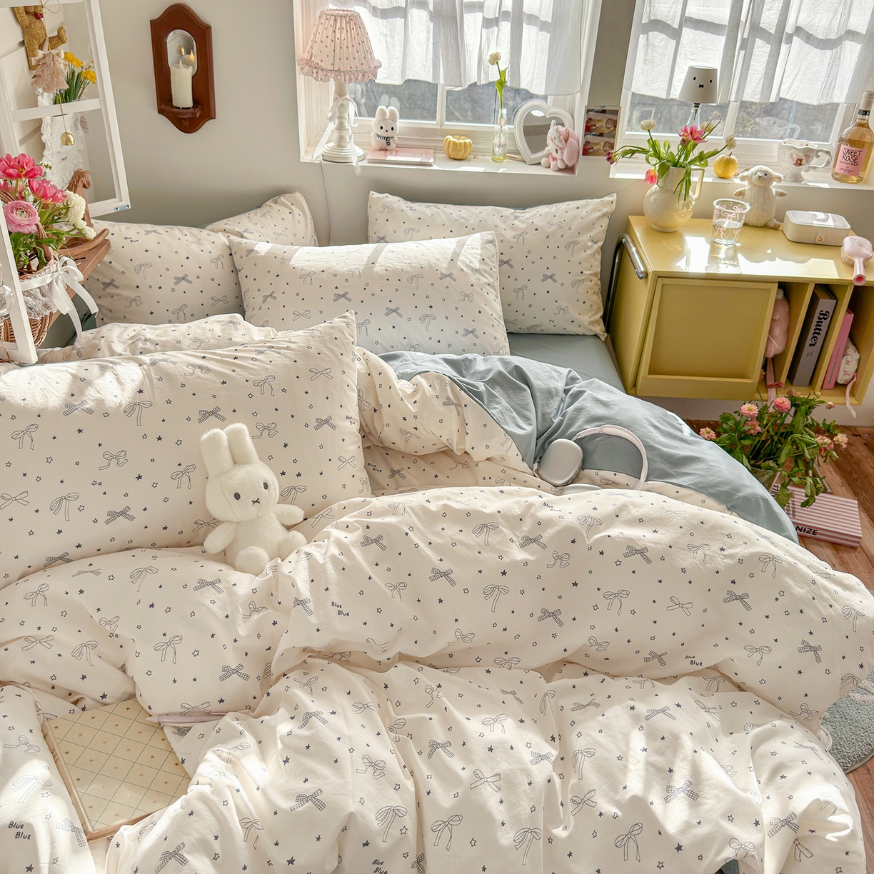 91家纺网 家纺一手货源 找家纺 金梦拉家纺 2026新款春夏古法水洗仿棉砂洗云小棉小布袋四件套 星星蝴蝶结