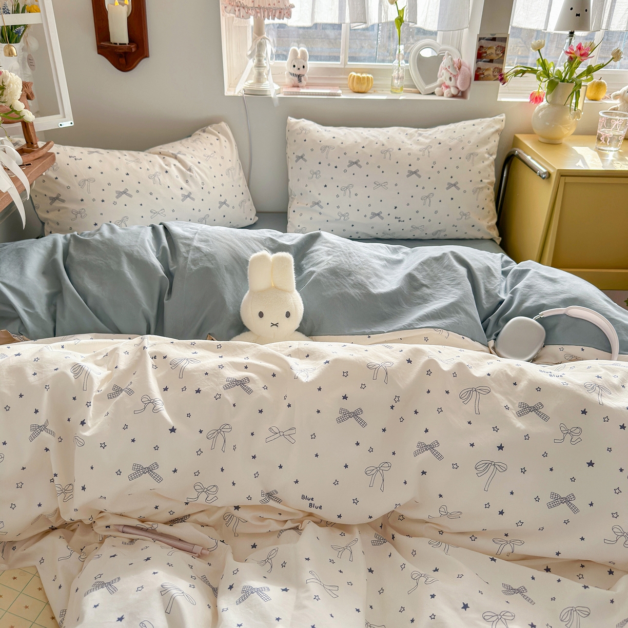 91家纺网 家纺一手货源 找家纺 金梦拉家纺 2026新款春夏古法水洗仿棉砂洗云小棉小布袋四件套 星星蝴蝶结