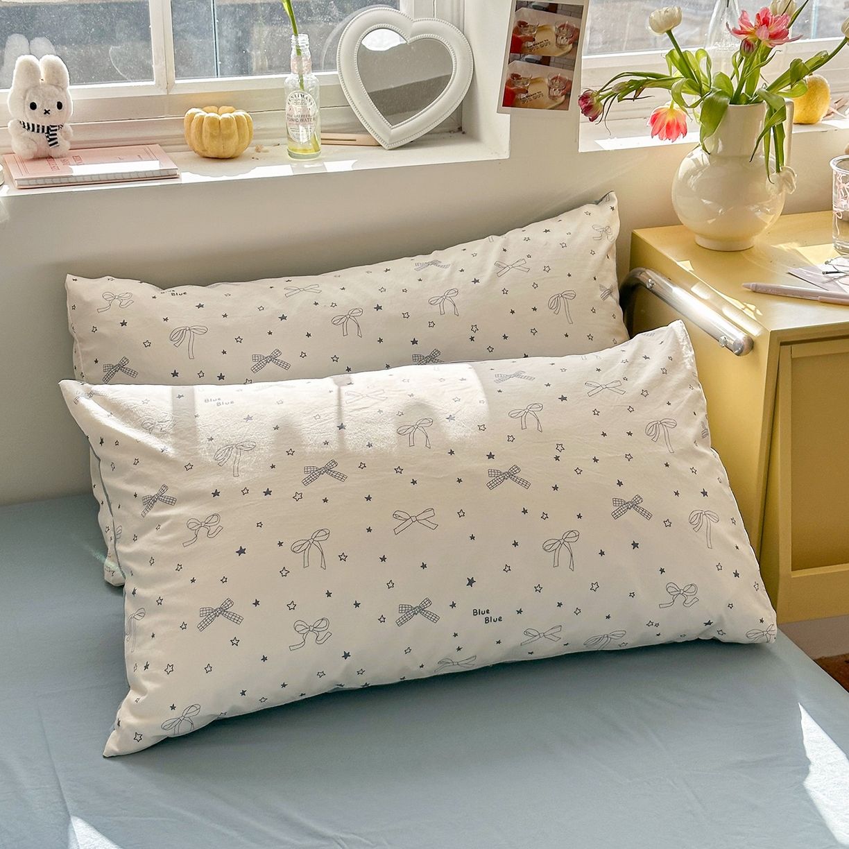 91家纺网 家纺一手货源 找家纺 金梦拉家纺 2026新款春夏古法水洗仿棉砂洗云小棉小布袋四件套 星星蝴蝶结