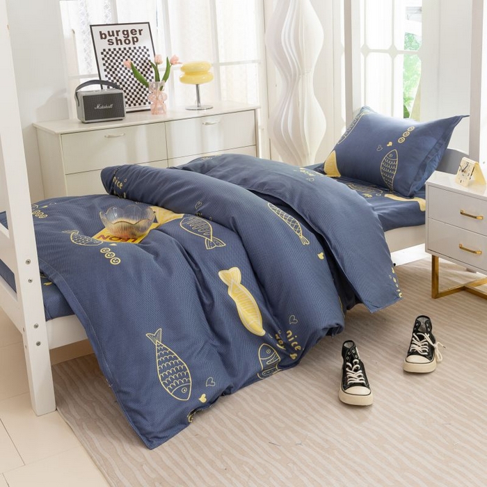 91家纺网 家纺一手货源 找家纺 简冠 开学季2025新款植物羊绒学生宿舍上下铺学生三件套四件套 游鱼