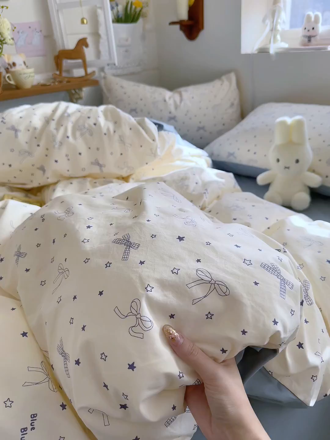 91家纺网 家纺一手货源 找家纺 金梦拉家纺 2026新款春夏古法水洗仿棉砂洗云小棉小布袋四件套 星星蝴蝶结