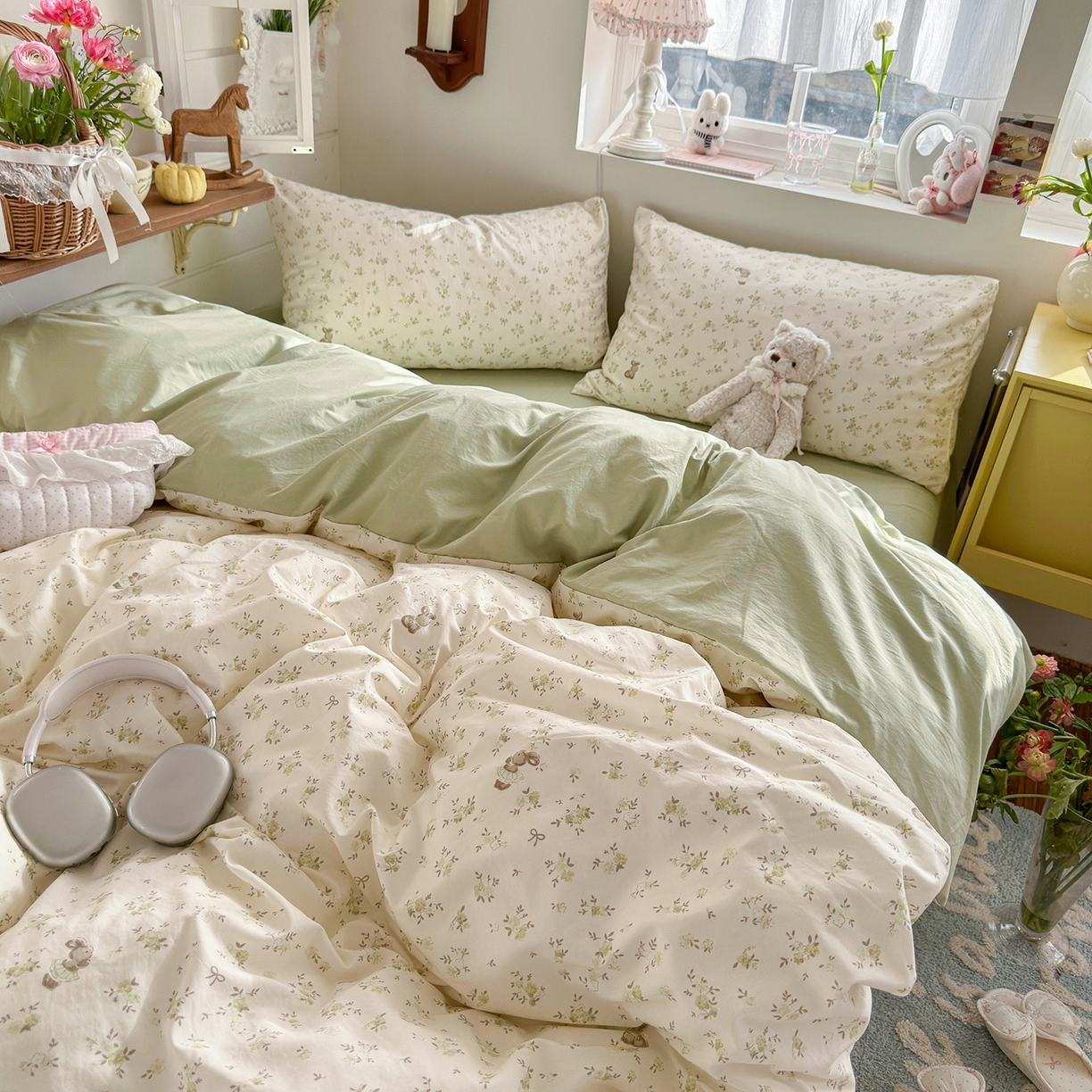 91家纺网 家纺一手货源 找家纺 金梦拉家纺 2026新款春夏古法水洗仿棉砂洗云小棉小布袋四件套 绿野仙兔