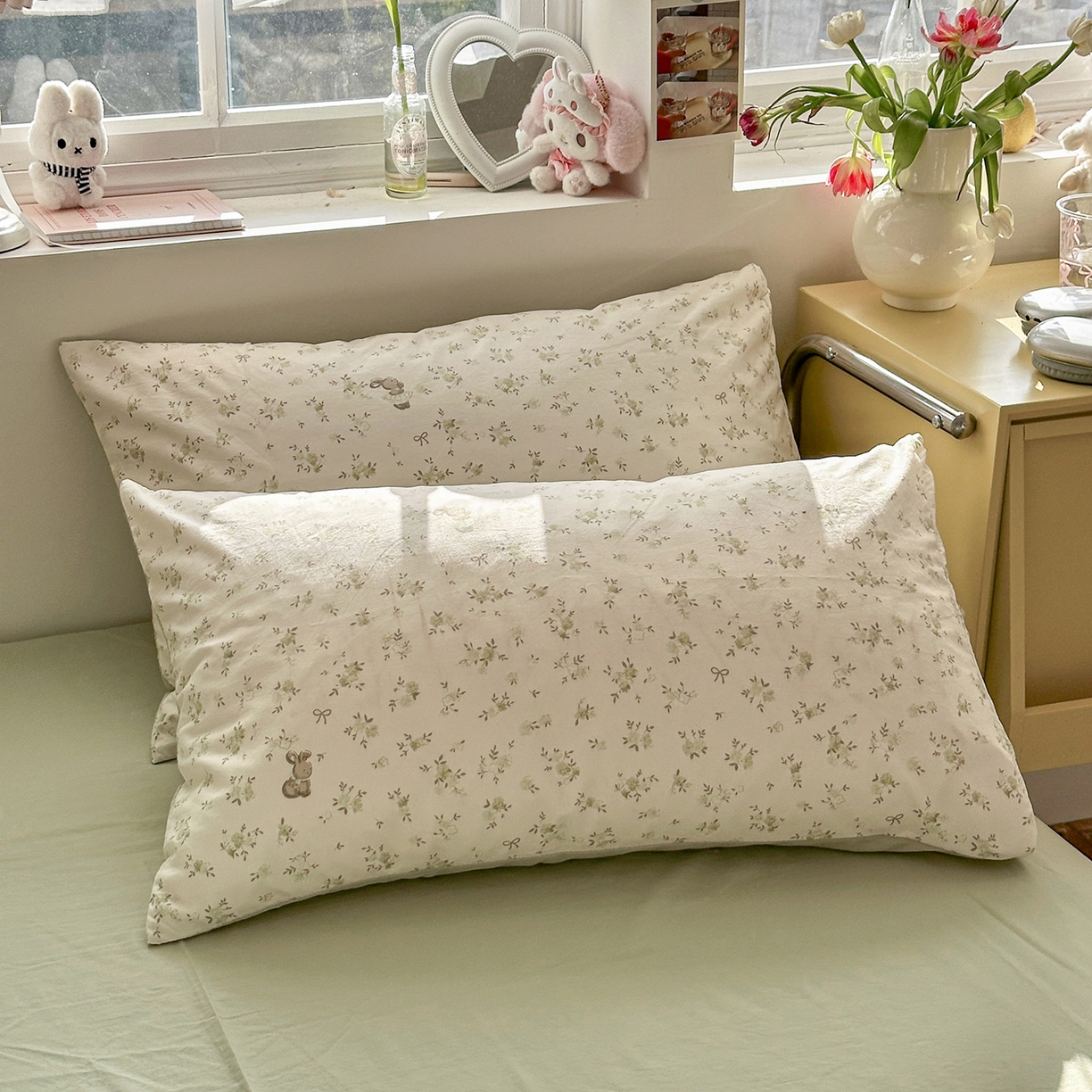 91家纺网 家纺一手货源 找家纺 金梦拉家纺 2026新款春夏古法水洗仿棉砂洗云小棉小布袋四件套 绿野仙兔