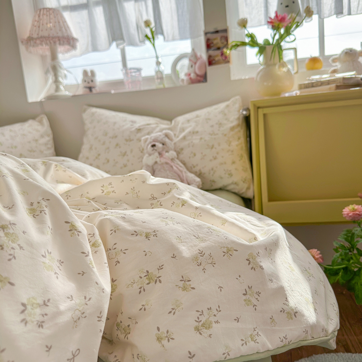 91家纺网 家纺一手货源 找家纺 金梦拉家纺 2026新款春夏古法水洗仿棉砂洗云小棉小布袋四件套 绿野仙兔