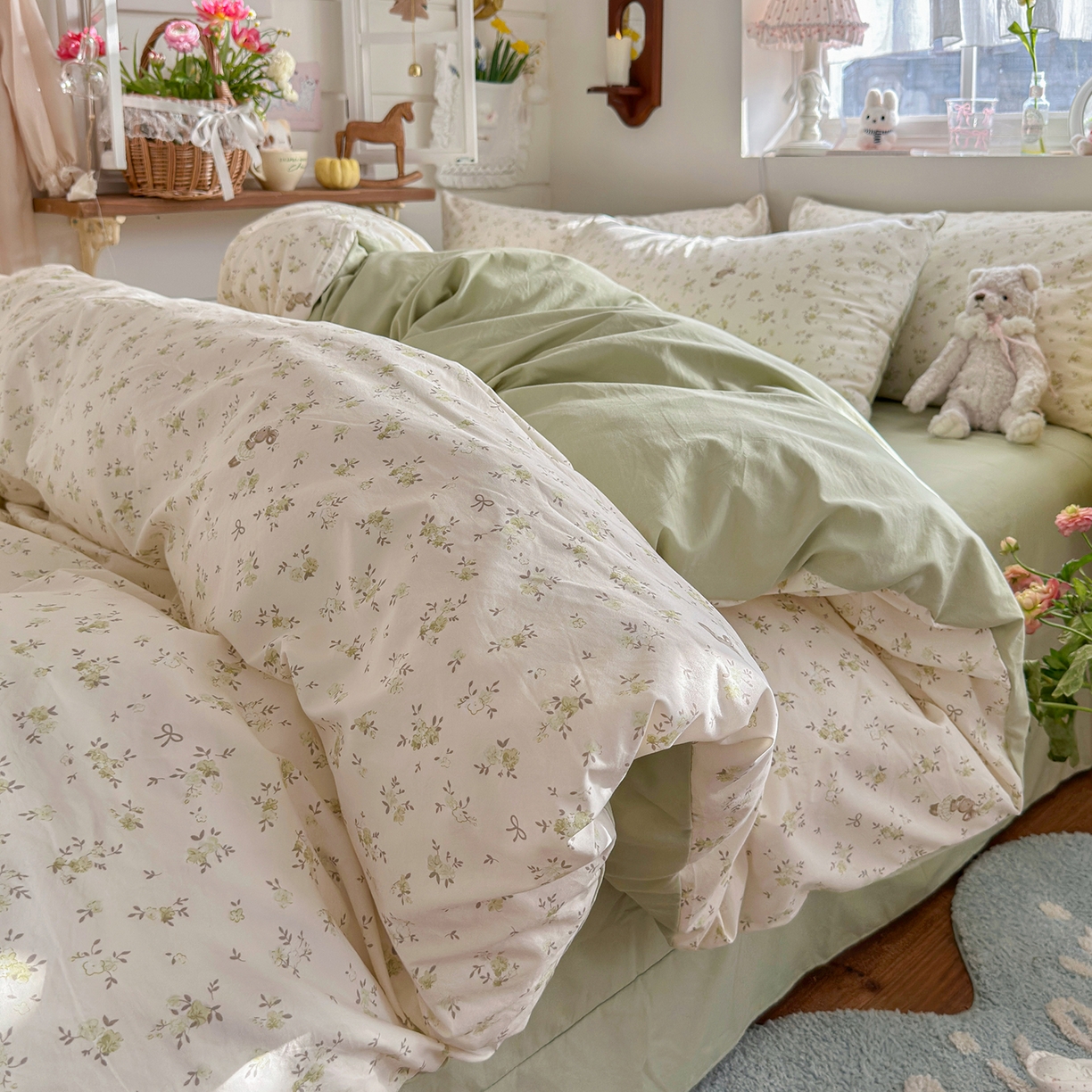 91家纺网 家纺一手货源 找家纺 金梦拉家纺 2026新款春夏古法水洗仿棉砂洗云小棉小布袋四件套 绿野仙兔