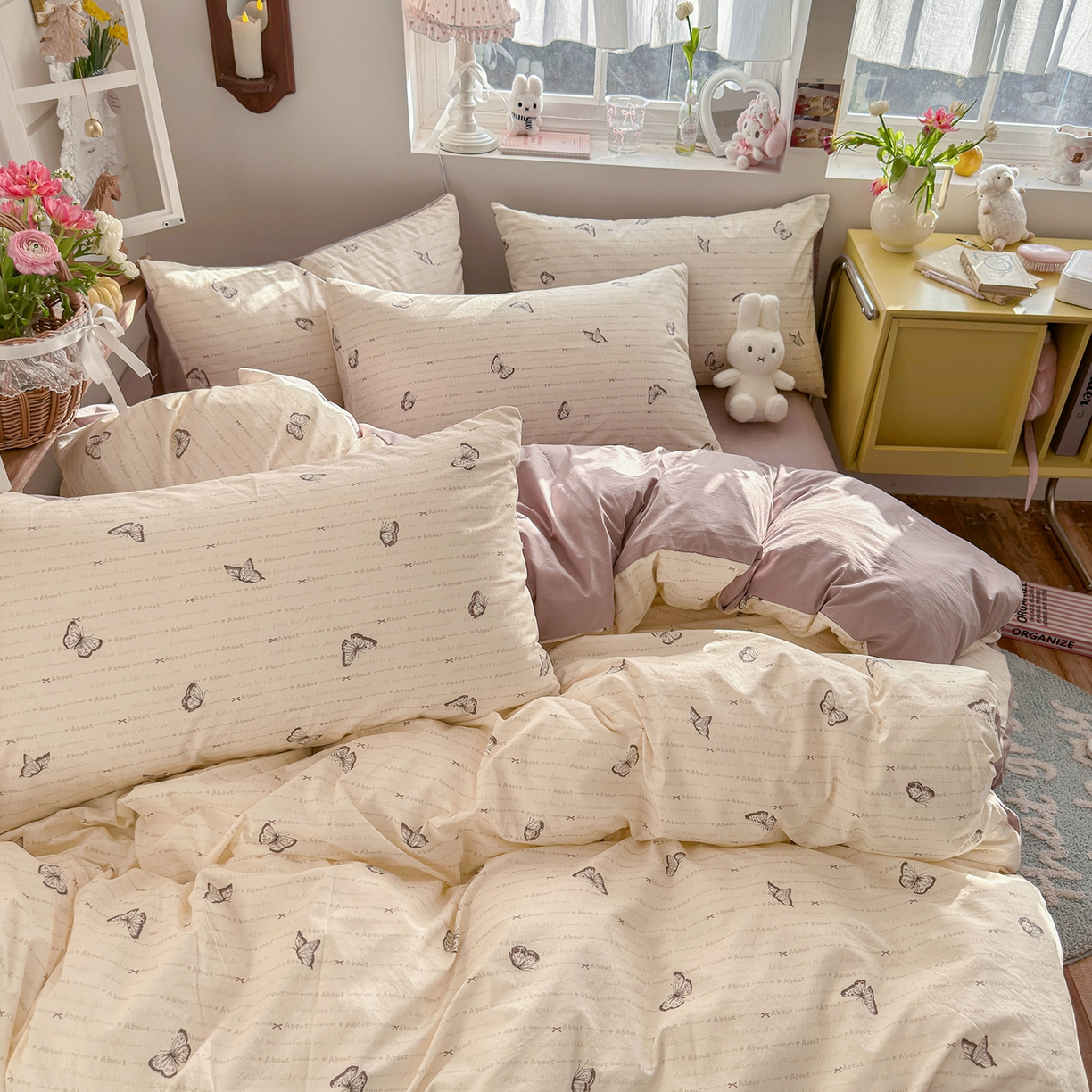 91家纺网 家纺一手货源 找家纺 金梦拉家纺 2026新款春夏古法水洗仿棉砂洗云小棉小布袋四件套 蝶舞飞