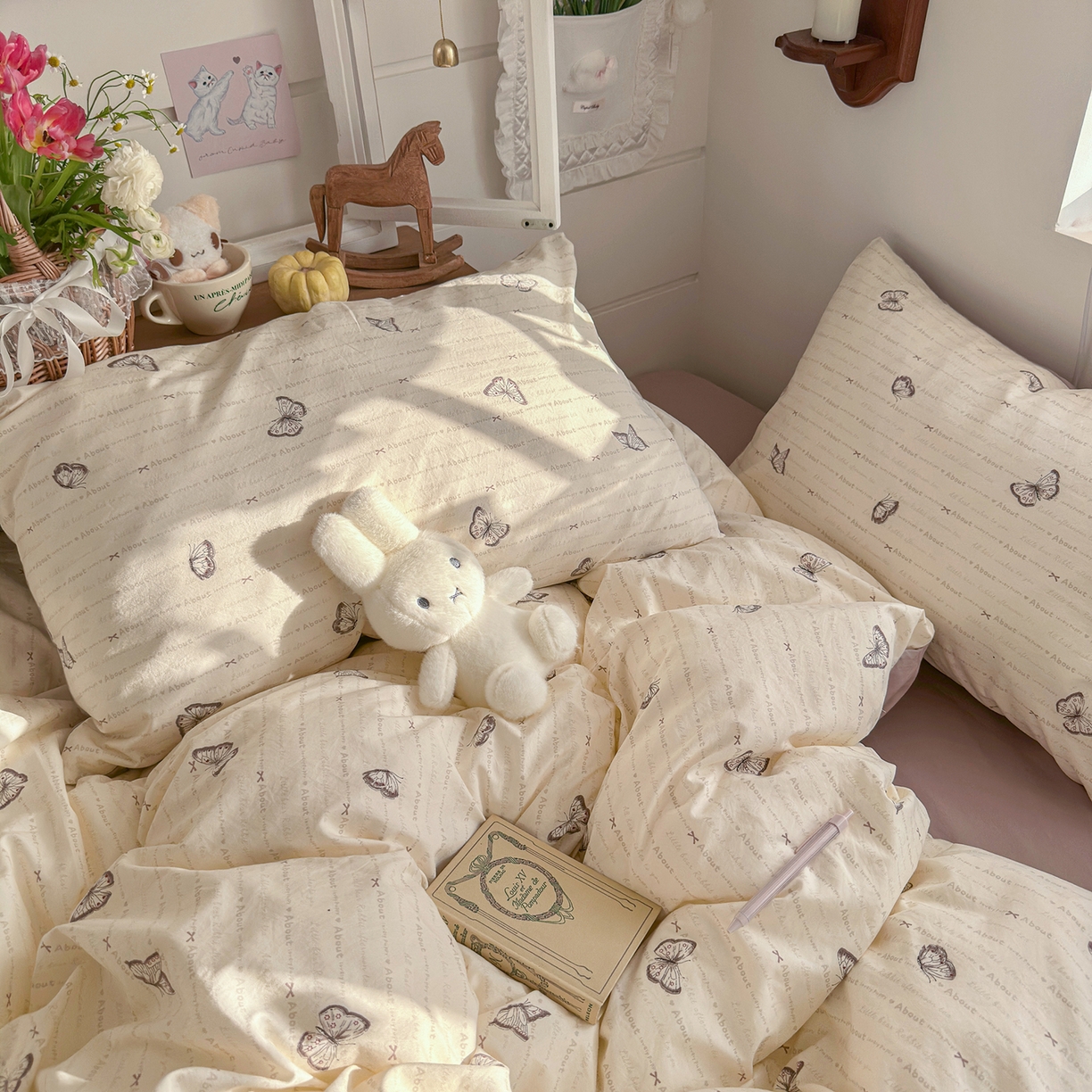 91家纺网 家纺一手货源 找家纺 金梦拉家纺 2026新款春夏古法水洗仿棉砂洗云小棉小布袋四件套 蝶舞飞